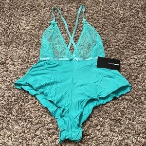 Teal Lace Ruffle Lingerie Romper
